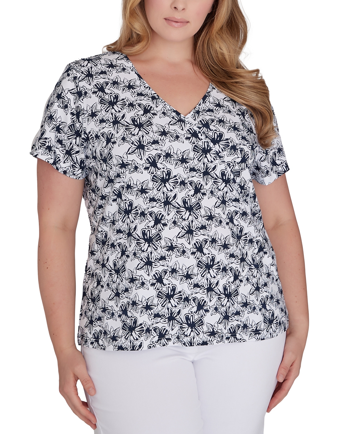 Shop Hearts Of Palm Plus Size Printed Essentials Short Sleeve Top In Navy Multi