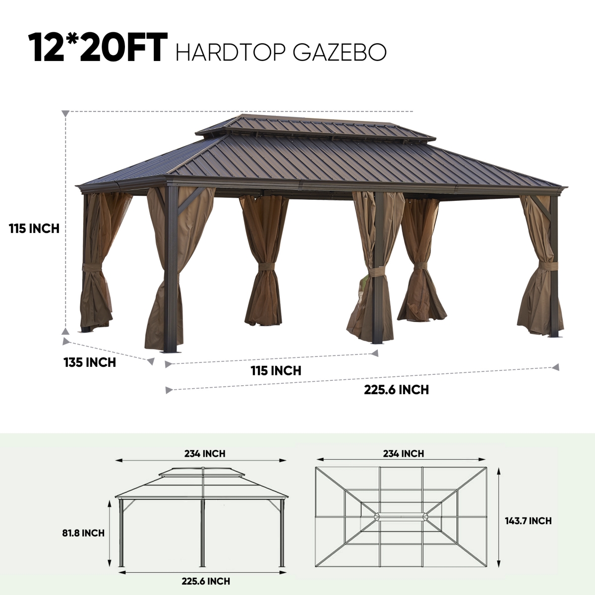 Streamdale Furniture 12x20FT patio gazebo, with steel canopy ,Outdoor Permanent Hardtop Gazebo Canopy for Patio, Garden, Backyard