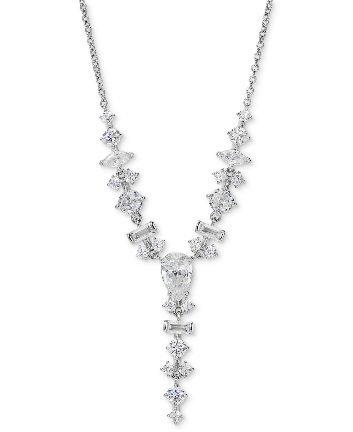 Silver-Tone Mixed Cubic Zirconia Cluster Lariat Necklace, 16" + 2" extender, Created for Macy's - Rhodium
