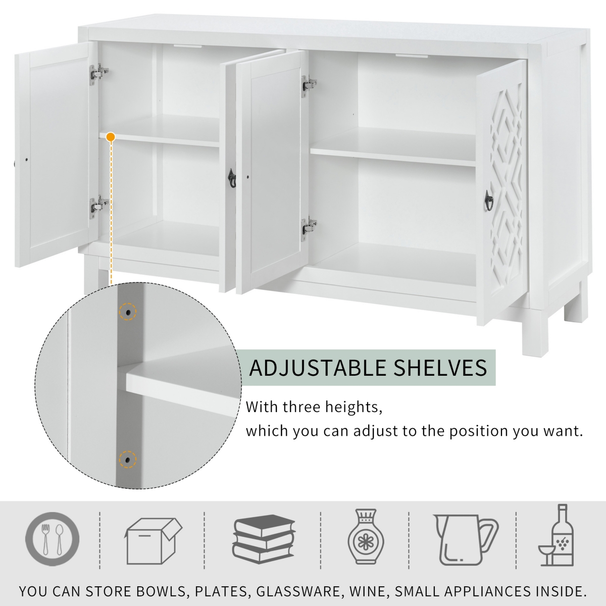 Streamdale Furniture Storage Space Sideboard, 4 Door Buffet Cabinet With Pull Ring Handles For Living Room