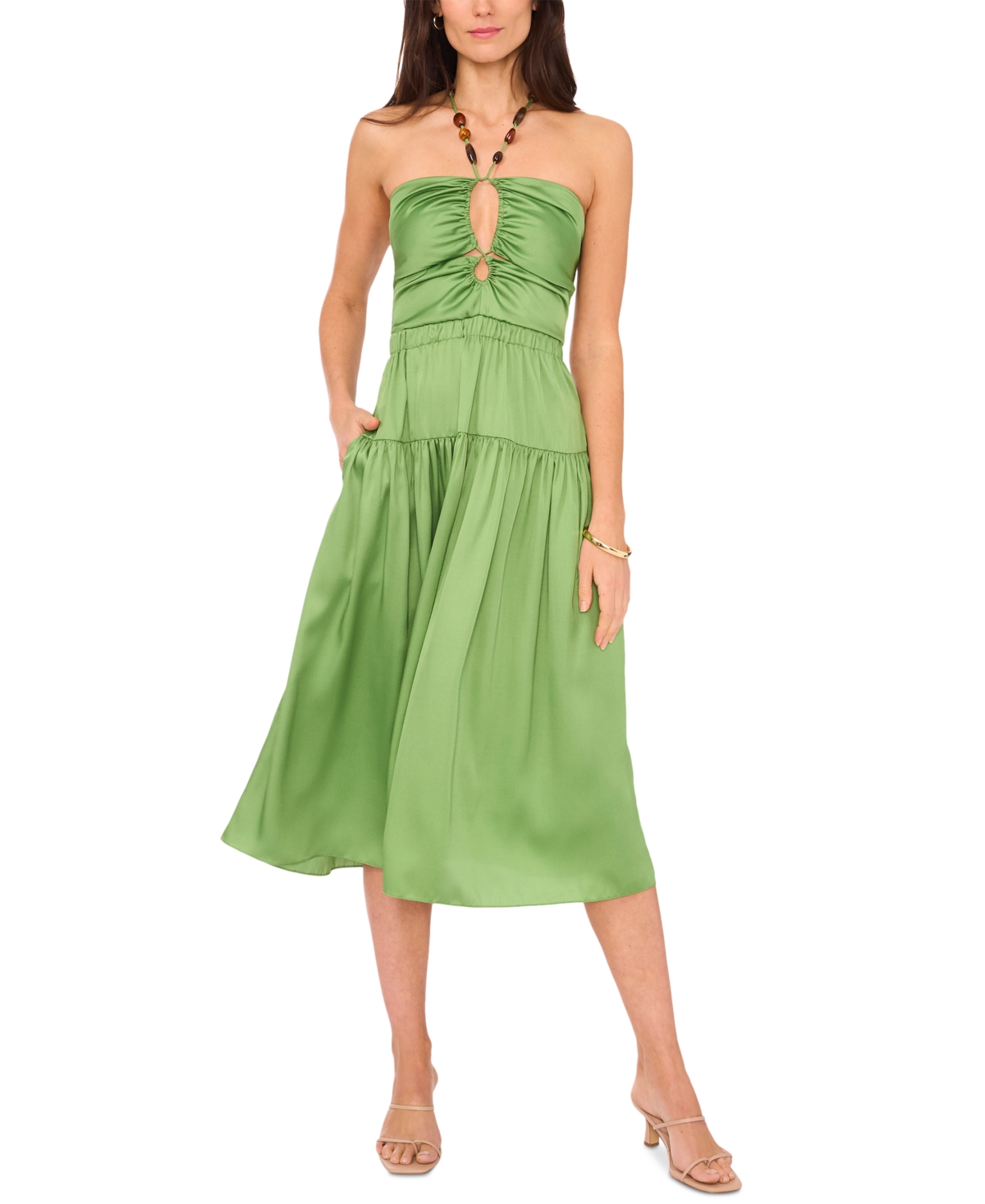 Women's Beaded Halter Midi Dress - Salted Lime