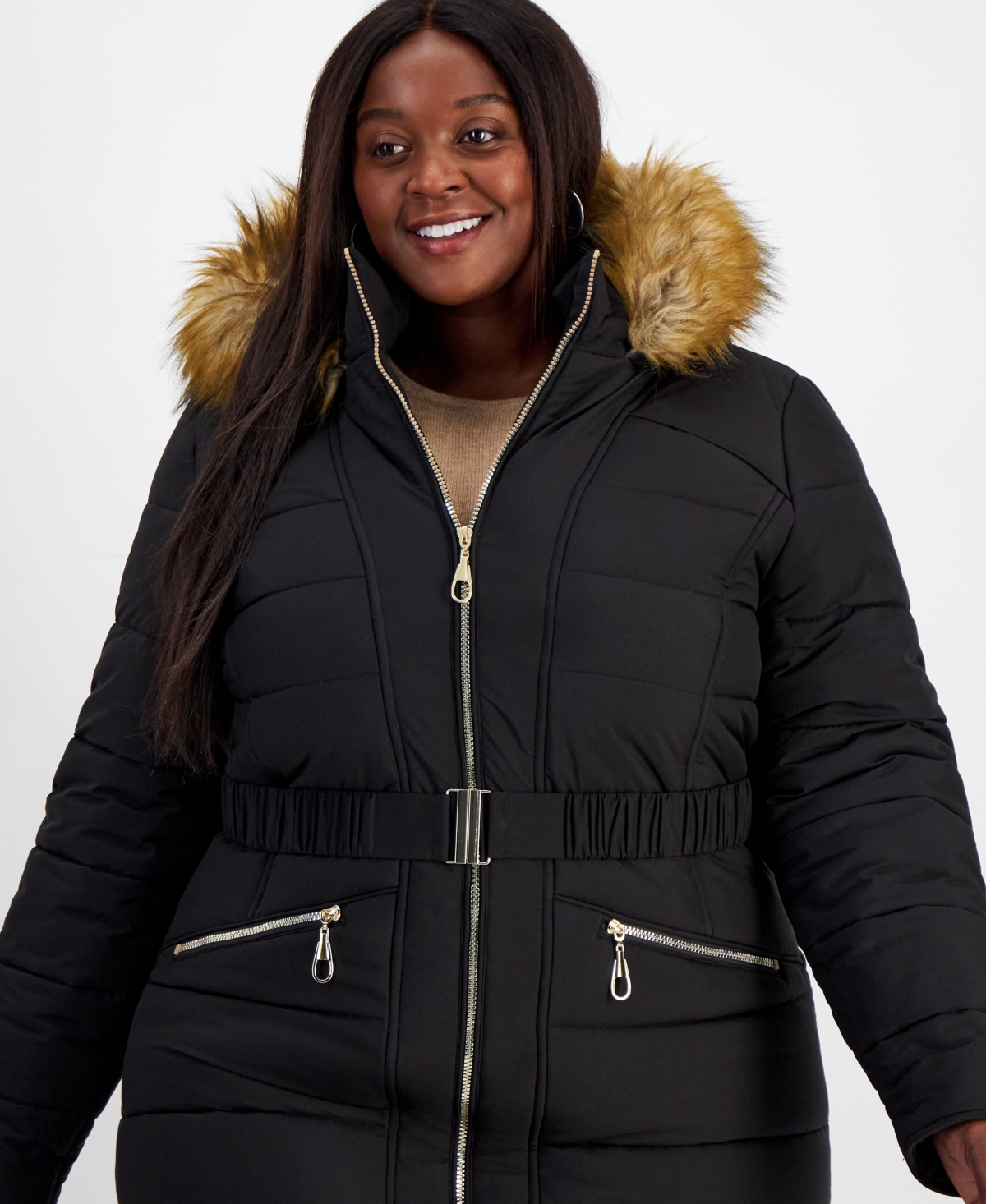Maralyn & Me Plus-Size Belted Faux-Fur-Hooded Puffer Coat