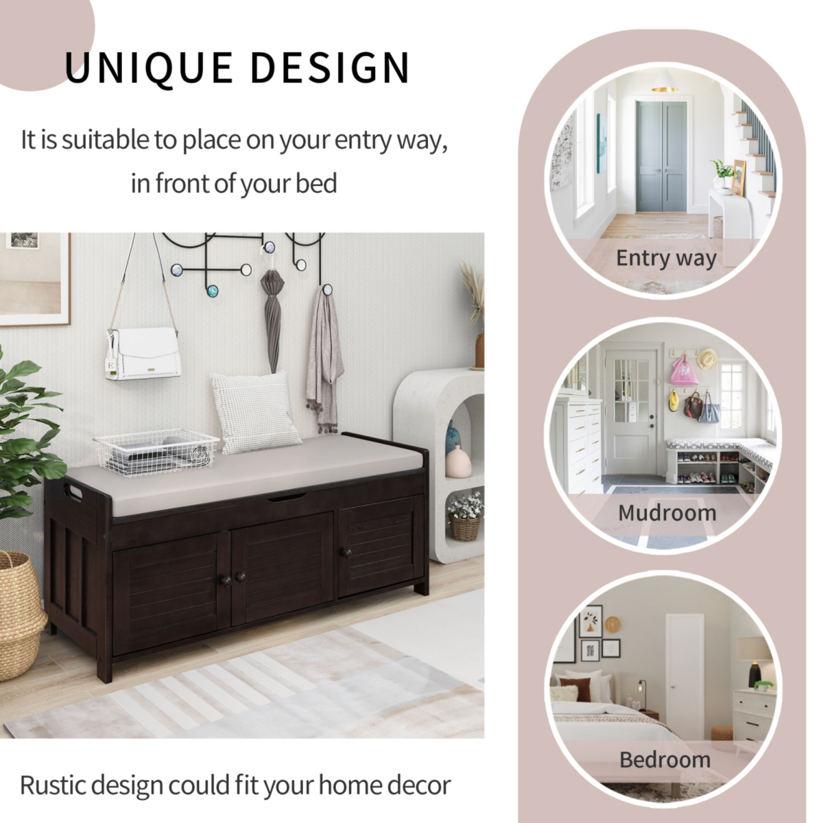 Simplie Fun 3-Door Storage Bench with Cushioned Seat