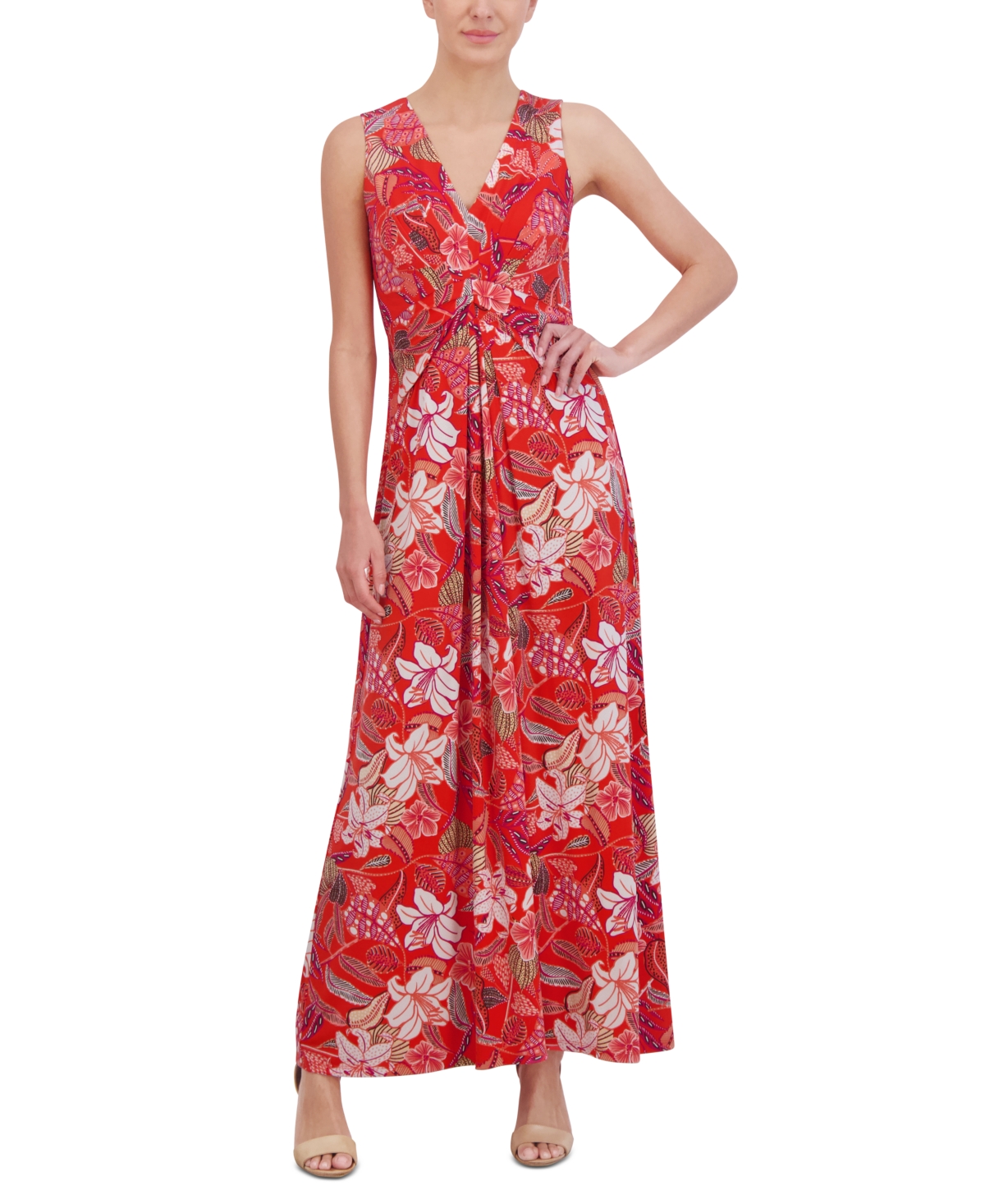 Shop Jessica Howard Petite V-neck Sleeveless Maxi Dress In Poppy Multi