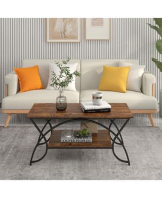 2-Tier Faux Marble Coffee Table with Marble Top and Metal Frame