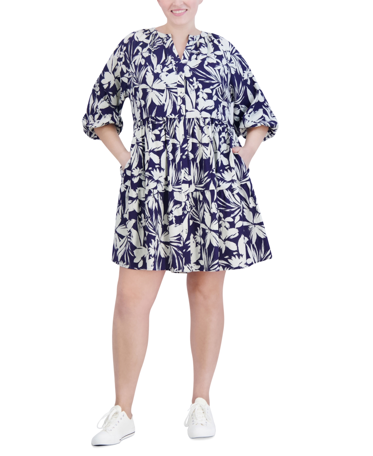 Shop Jessica Howard Plus Size Printed Button-front A-line Dress In Navy,white