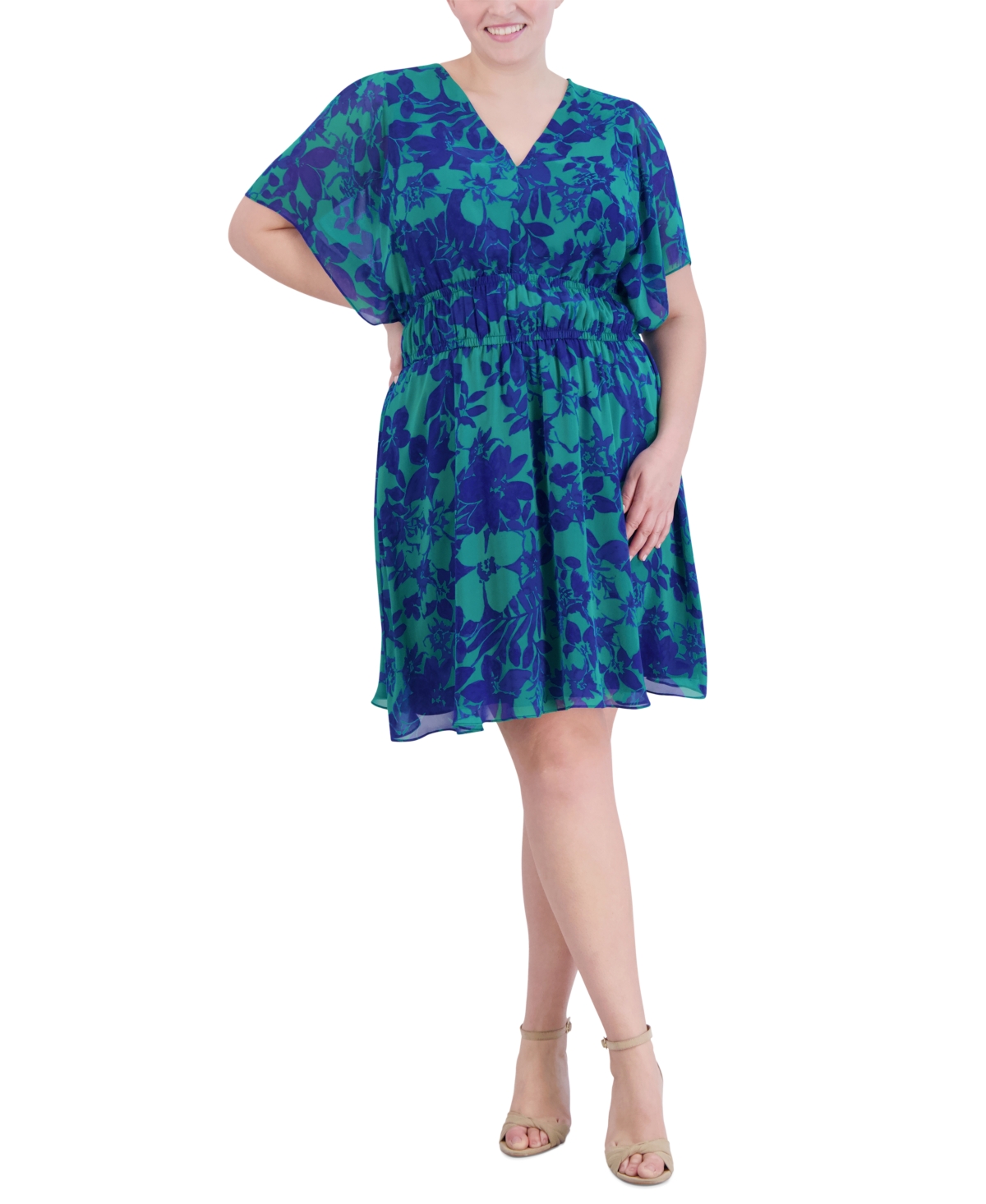 Plus Size Floral-Print Smocked-Waist Dress - Blue/Green