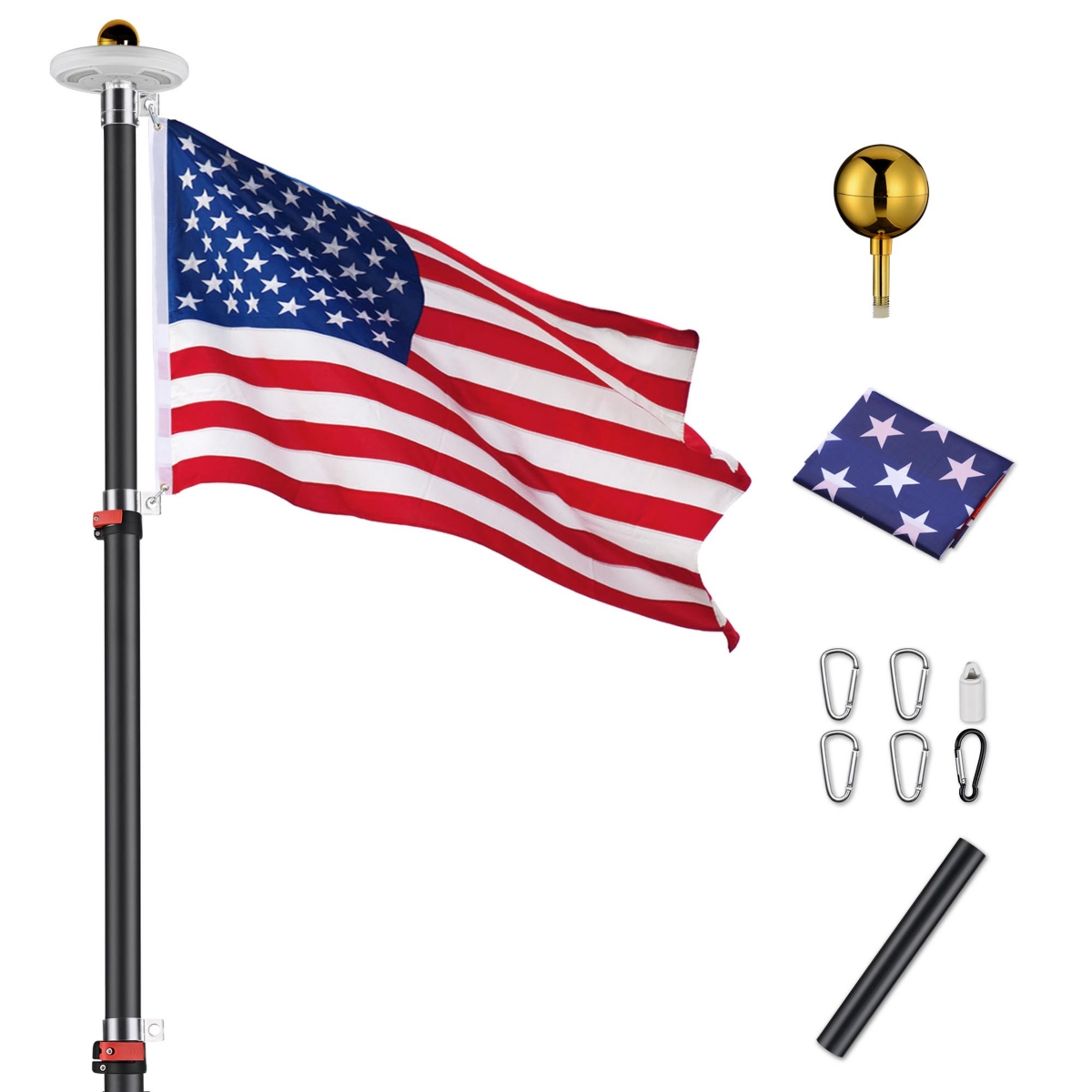Yescom 30 Ft Telescopic Aluminum Flag Pole Kit with 111 Led Solar Light Us Flag Garden