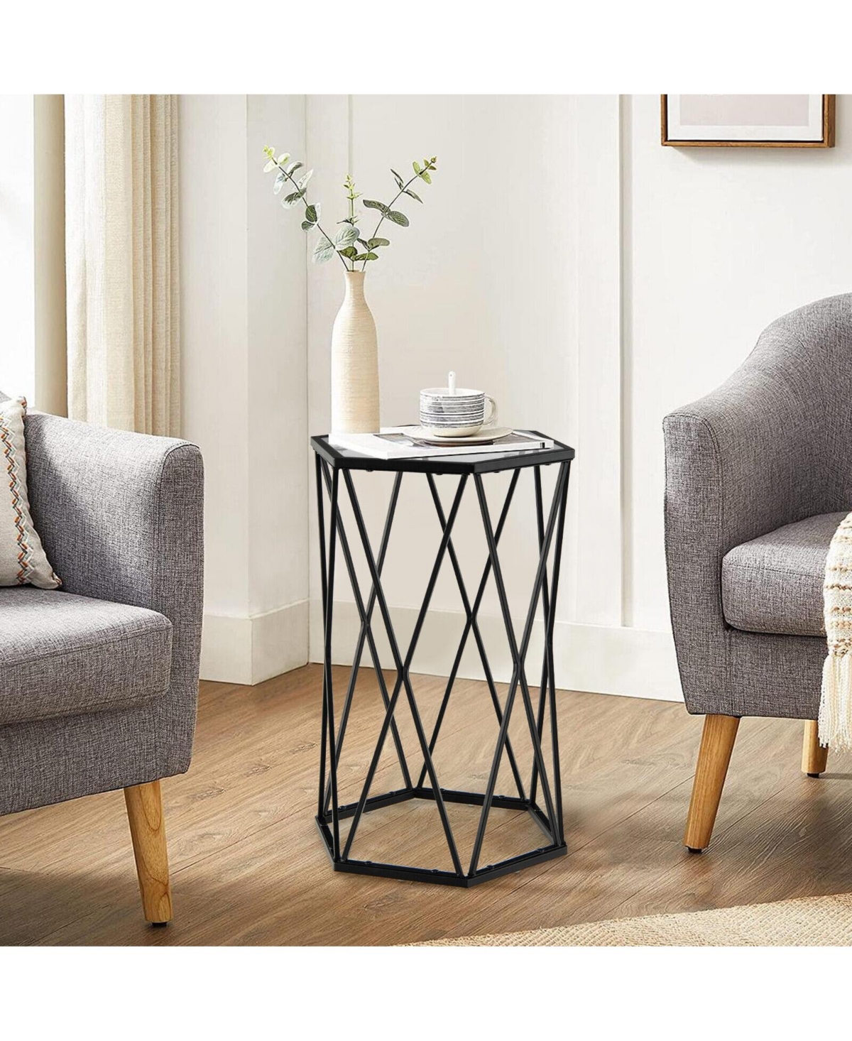 Slickblue Hexagonal Accent End Table with Tempered Glass Top and Metal Frame