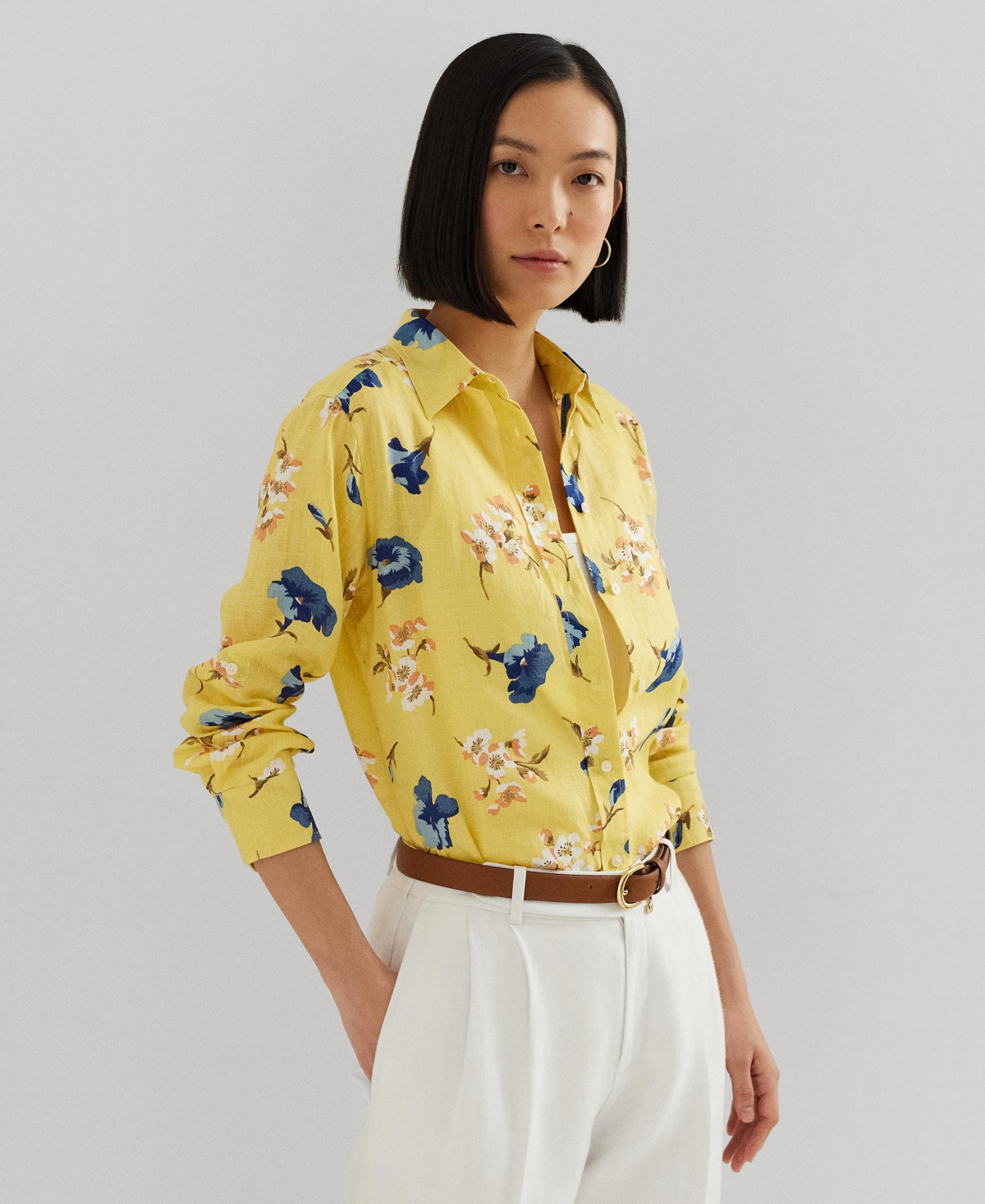Shop Lauren Ralph Lauren Women's Floral Roll-tab Shirt, Regular & Petite In Yellow