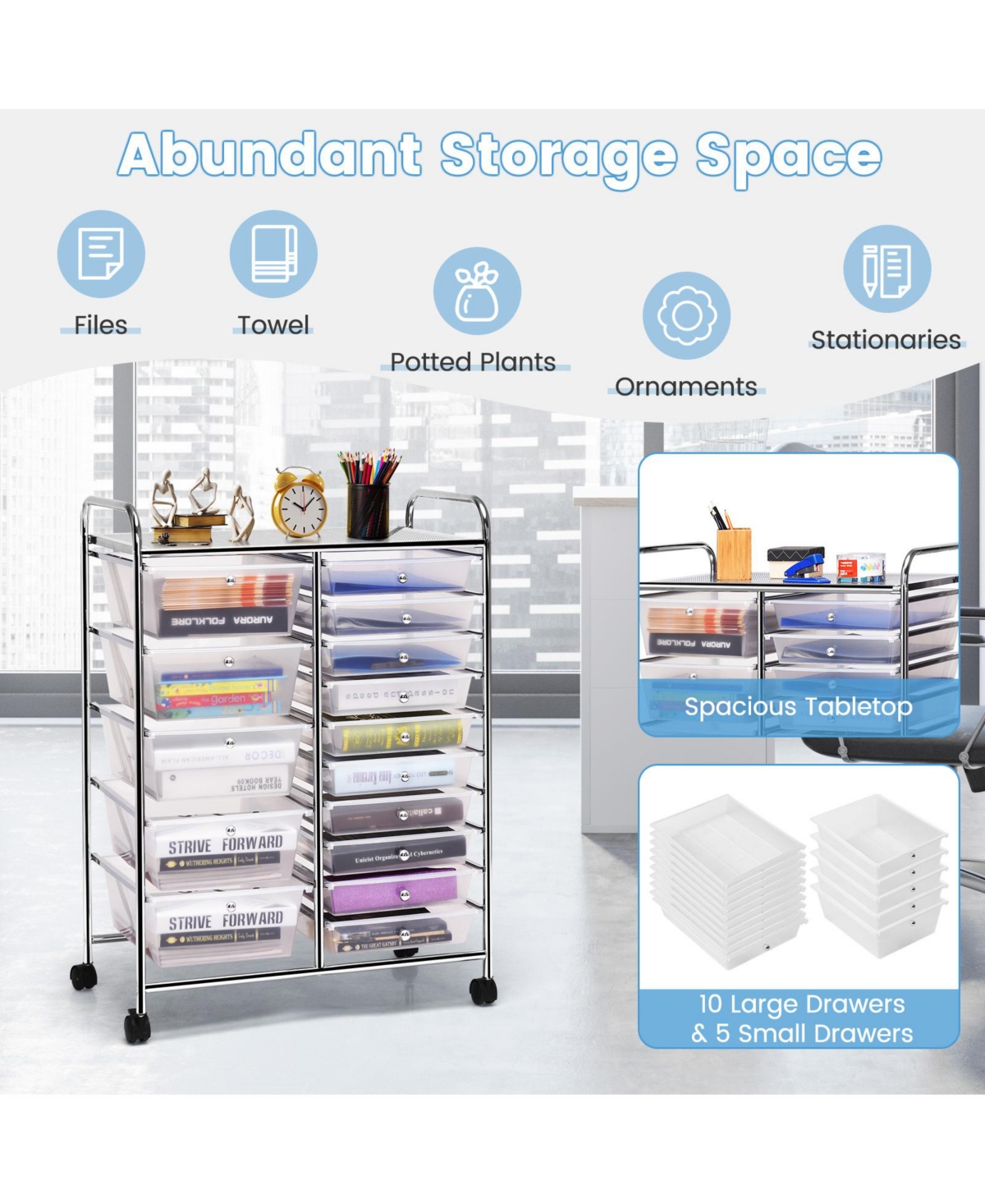 15-Drawer Utility Rolling Organizer Cart Multi-Use Storage