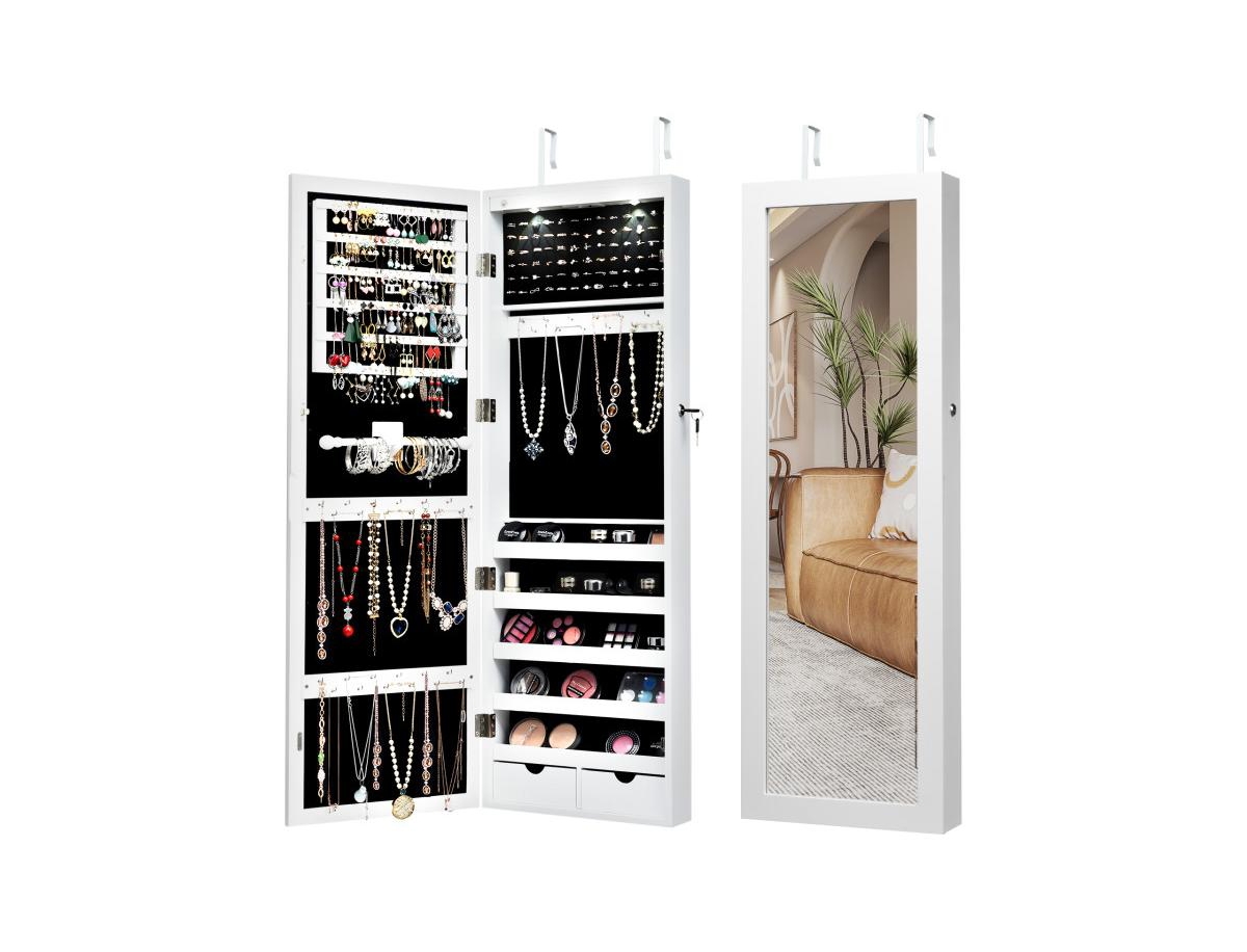 Lockable Wall Mount Mirrored Jewelry Cabinet with Led Lights - White