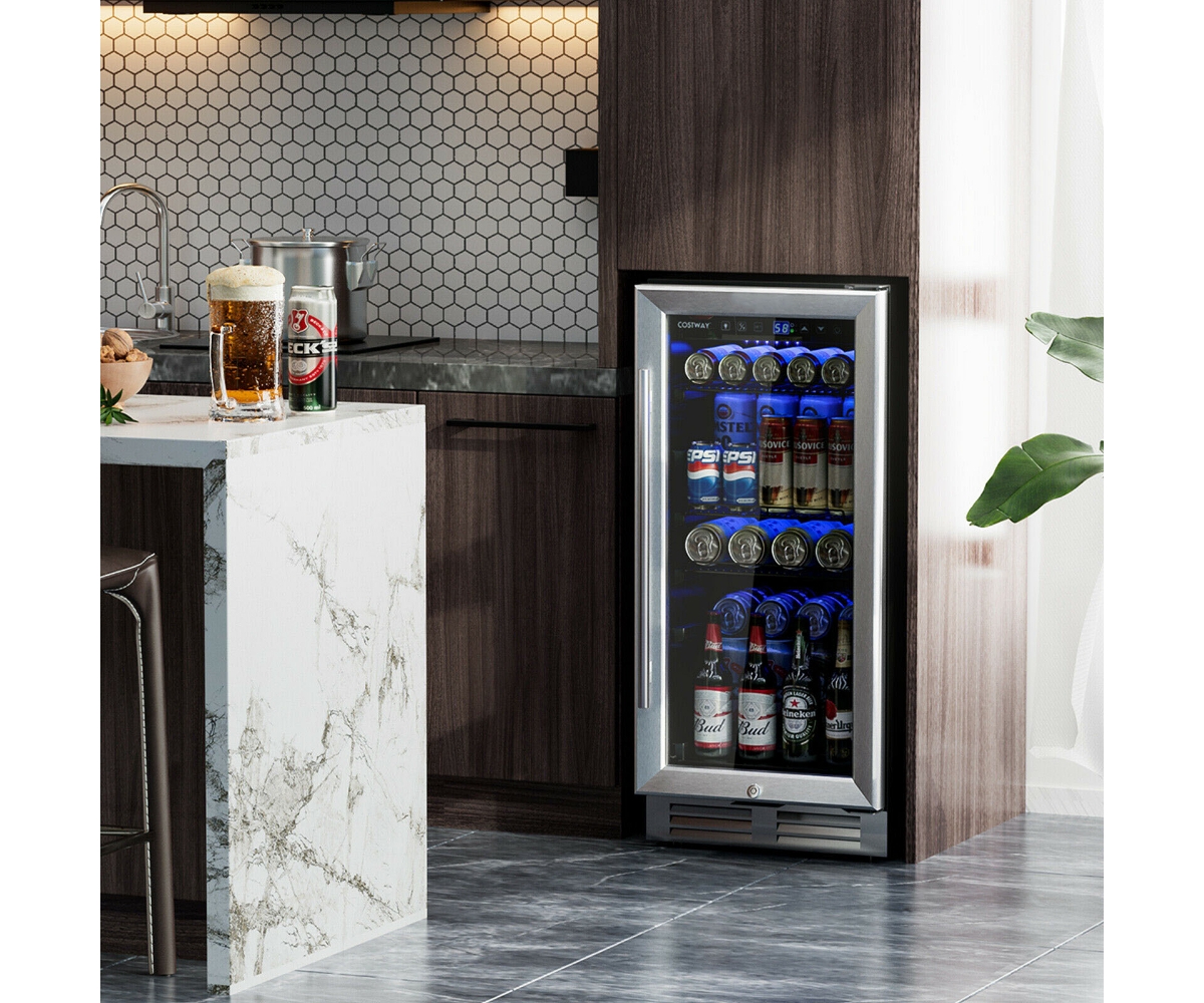Slickblue 15 Inch 100 Can Built-in Freestanding Beverage Cooler Refrigerator with Adjustable Temperature and Shelf-Silver