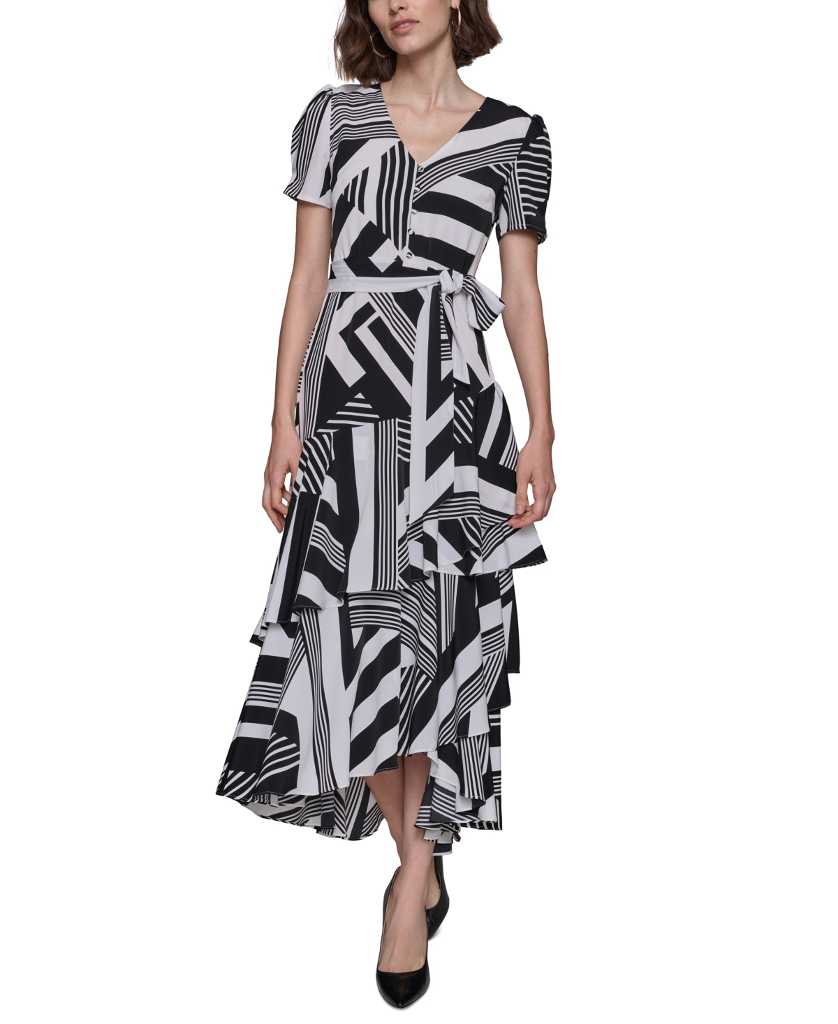 Karl Lagerfeld Women's Printed Tie-waist Tiered V-neck Dress In Soft White