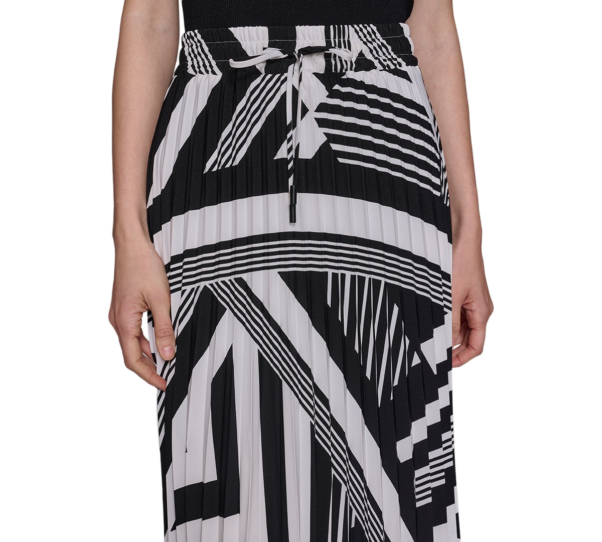 Karl Lagerfeld Paris Women's Printed Pleated Pull-On Asymmetrical-Hem Midi Skirt - Soft White  Black