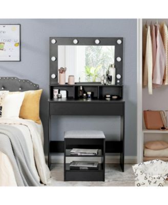 Vanity Table Set with Lighted Mirror and Cushion Stool-Black