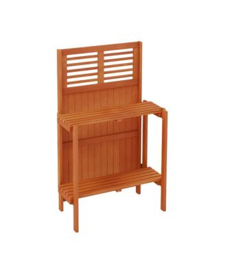 Folding Garden Potting Bench with 2-tier Storage Shelves and Teak Oil Finish for Garden Yard Balcony