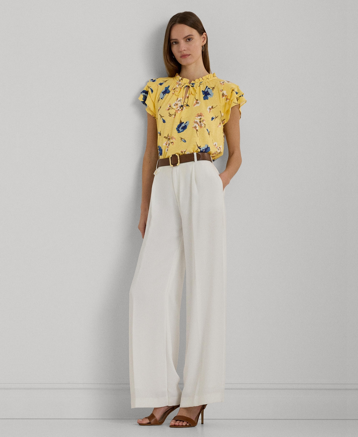 Shop Lauren Ralph Lauren Women's Tie-neck Flutter-sleeve Top In Yellow