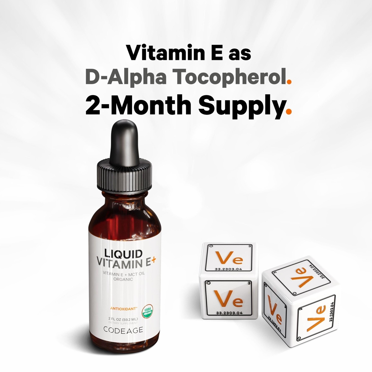 Codeage Liquid Vitamin E+ - Usda-Certified Organic Vitamin E - 2-Month Supply - D-Alpha Tocopherol Acetate, Organic Mct Oil, Organic Orange Fruit Oil