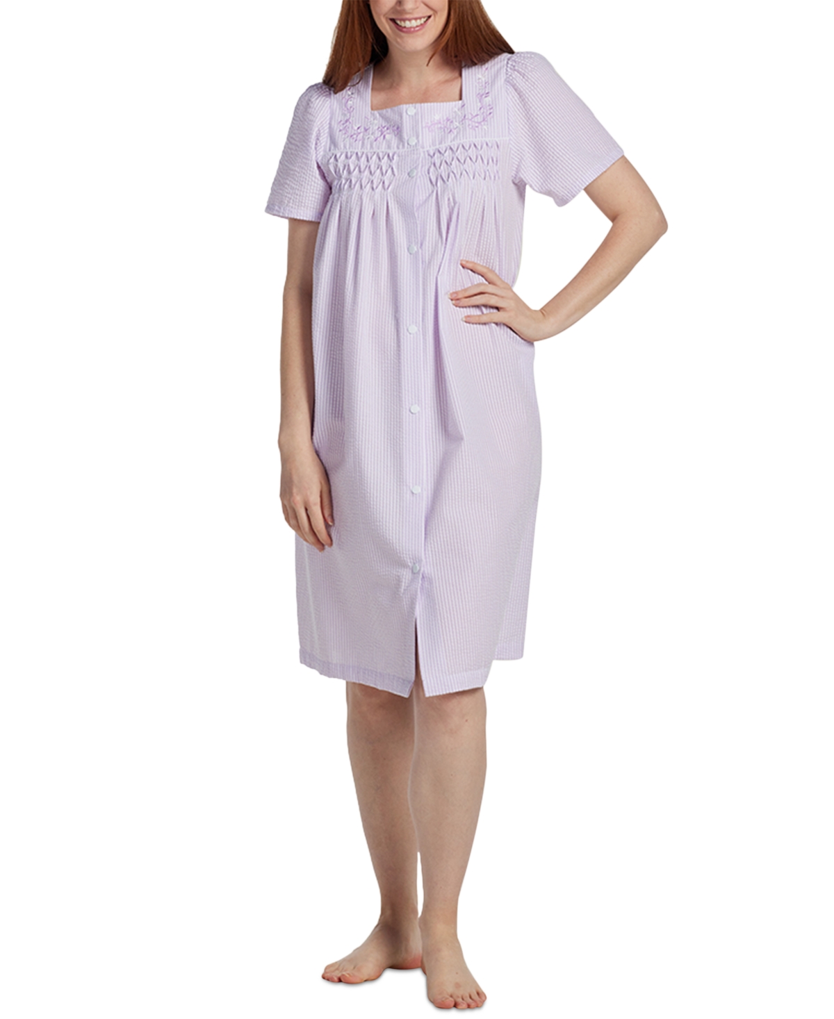 Shop Miss Elaine Women's Short Snap-front Seersucker Robe In Lilac White