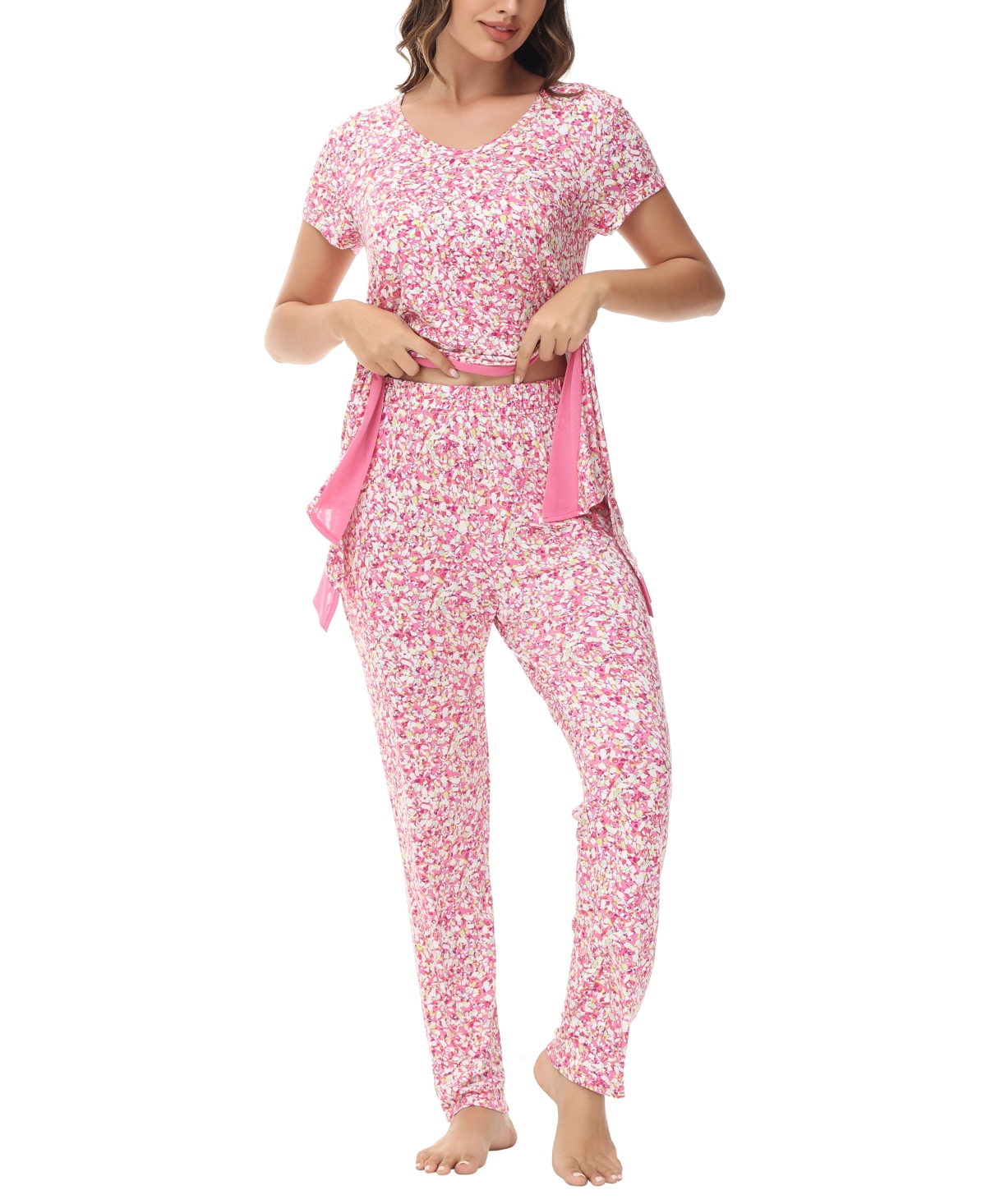 Lori Goldstein Women's Printed Short Sleeve Tunic With Pant Pajama Set In Cheetah