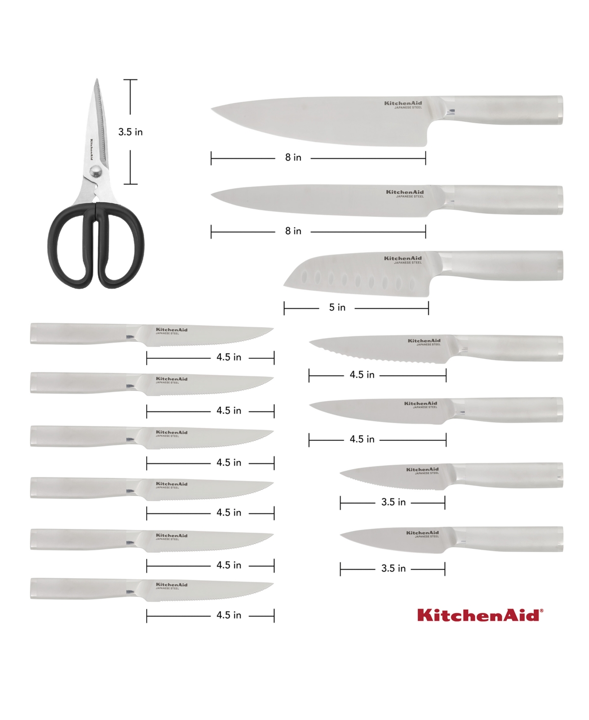 Kitchenaid Gourmet 15-pc, Japanese Steel Knife & Sharpener Block Set In Gray