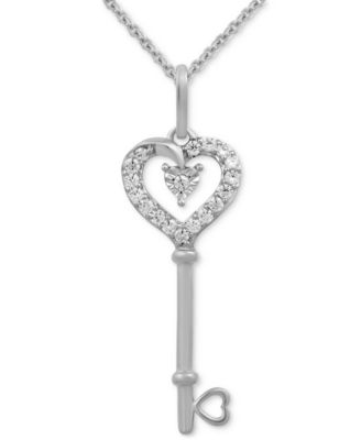 Macy's - Diamond Key Heart Pendant Necklace (1/10 ct. t.w.) in 14k Gold, 16" + 2" extender