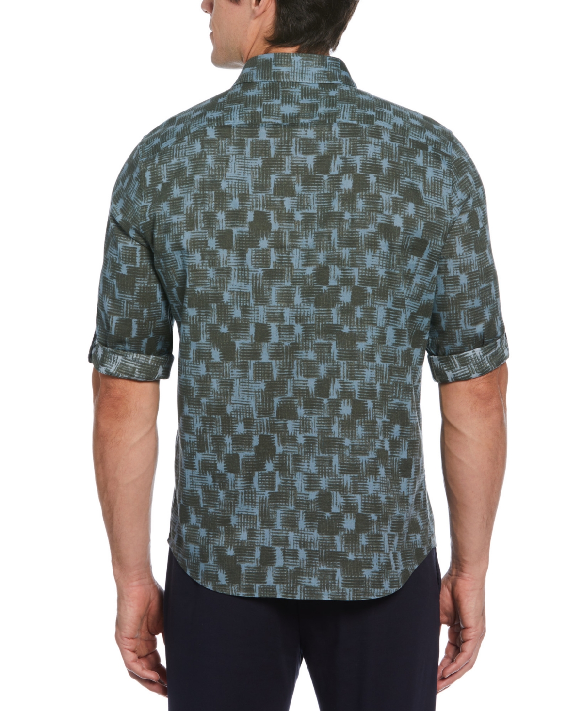 Shop Perry Ellis Men's Rolled Sleeve Button-front Geo Print Shirt In Cilantro
