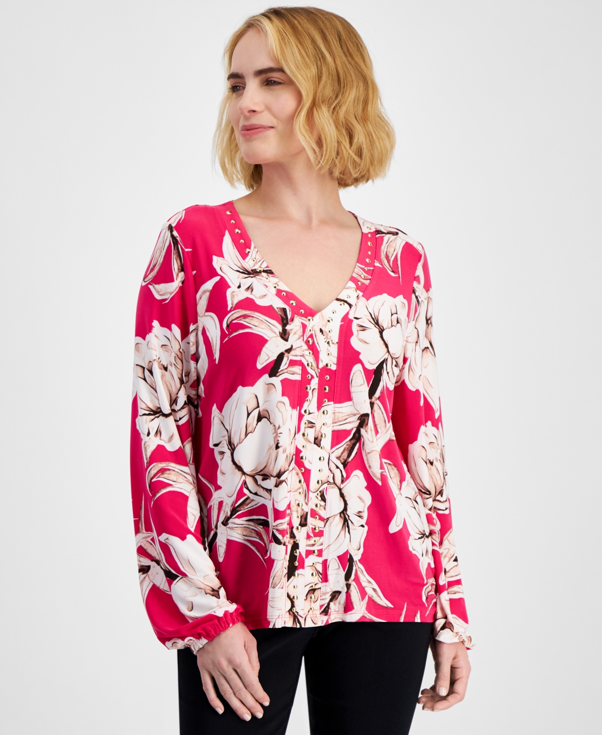 Inc International Concepts Petite Floral-print Studded Top, Created For Macy's In Mariana Combo