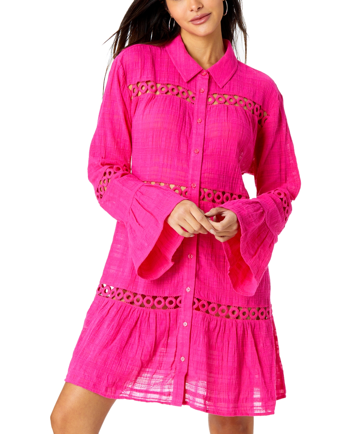 Women's Cotton Bell-Sleeve Cover-Up Tunic - Raspberry Pink