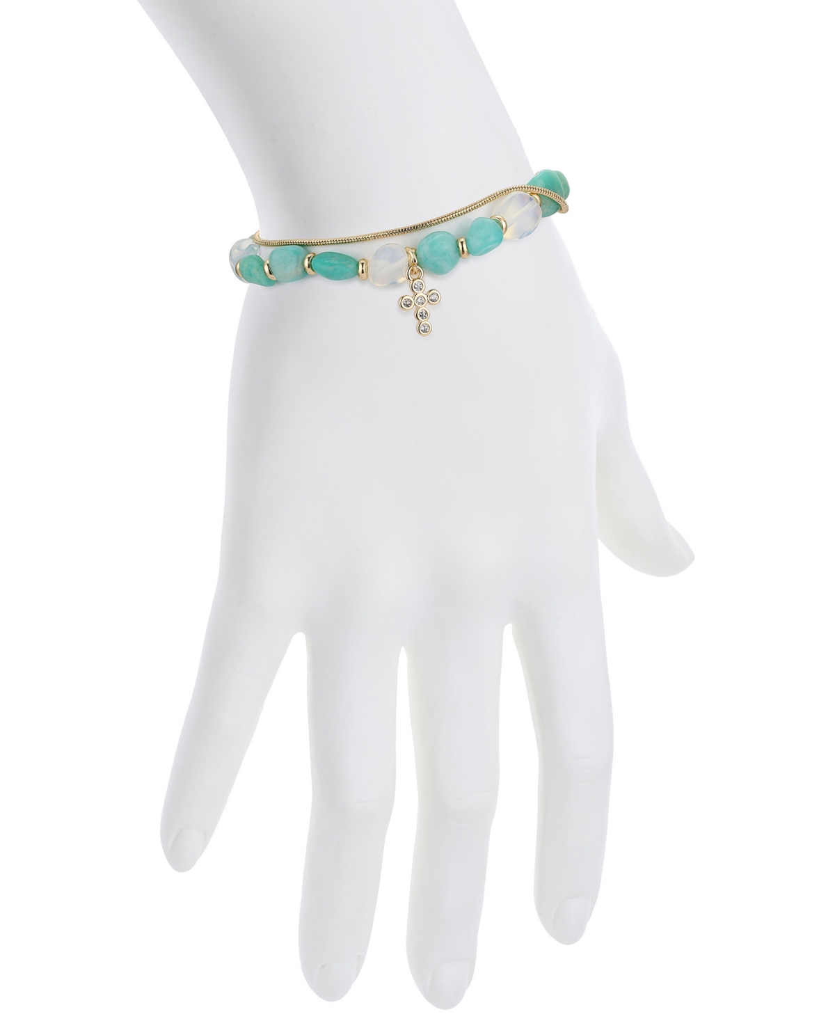 Shop Unwritten Cubic Zirconia Multi Blue Stone Cross Bolo Bracelet In Gold