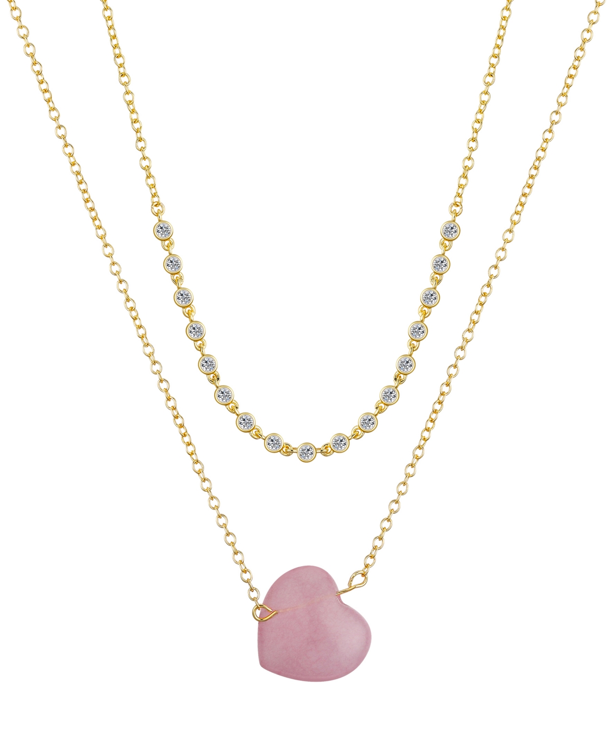 Cubic Zirconia Rose Quartz Heart Layered 2-Piece Necklace Set - Gold