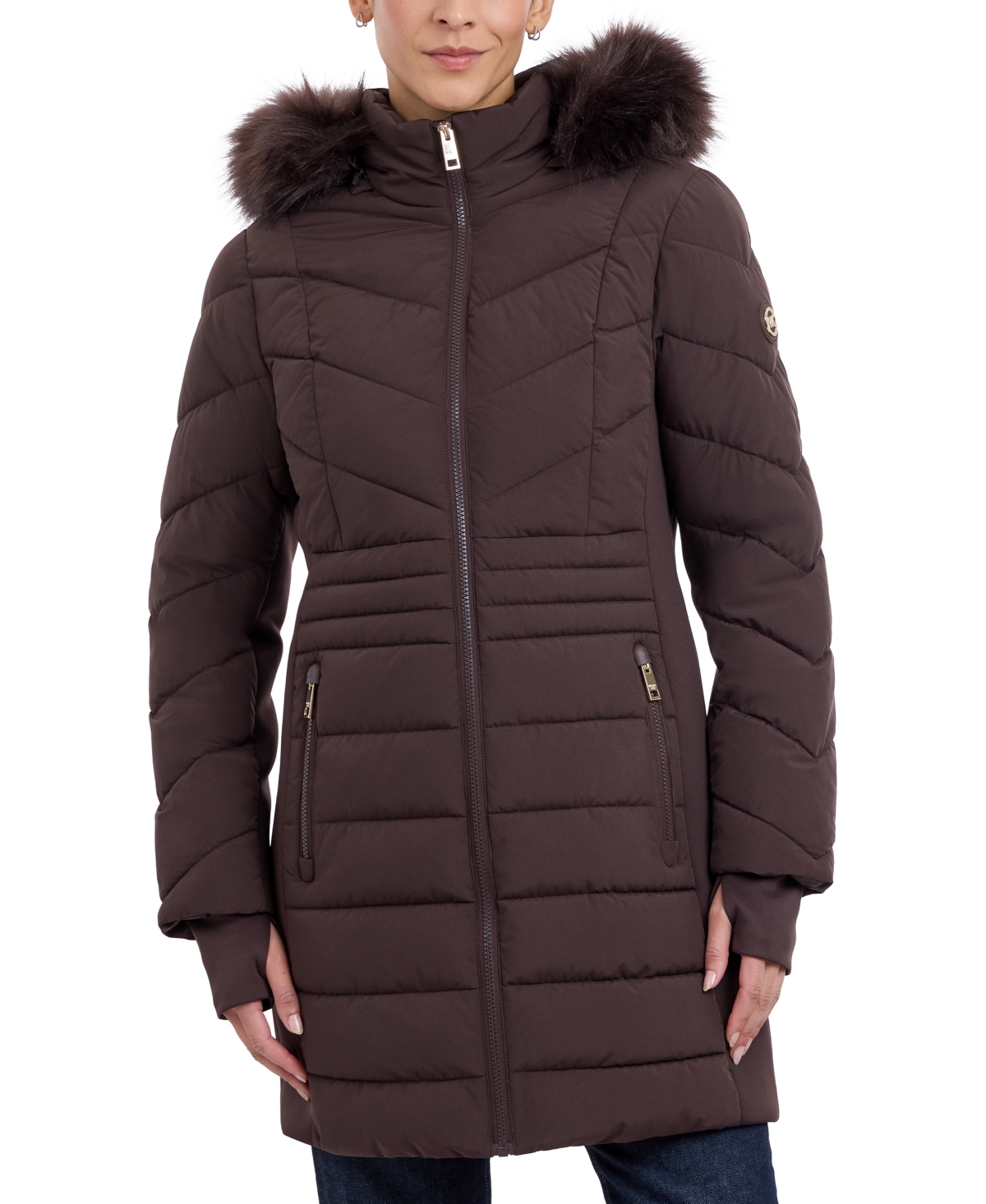 Shop Michael Kors Michael  Women's Faux-fur-trim Hooded Puffer Coat, Created For Macy's In Chocolate