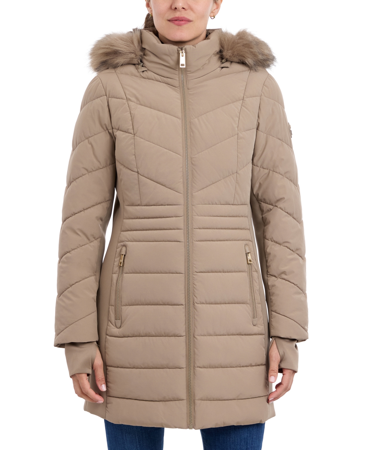 Michael Kors Michael  Women's Faux-fur-trim Hooded Puffer Coat, Created For Macy's In Taupe