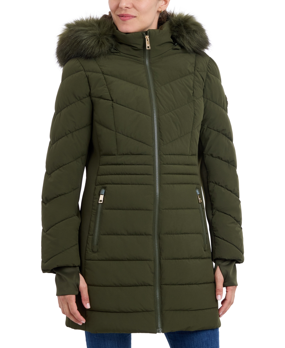 Michael Kors Michael  Plus Size Faux-fur-trim Hooded Puffer Coat, Created For Macy's In Olive