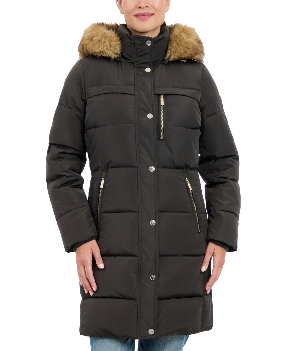 Michael Kors Michael  Women's Plus Size Faux-fur-trim Hooded Puffer Coat, Created For Macy's In Dark Olive