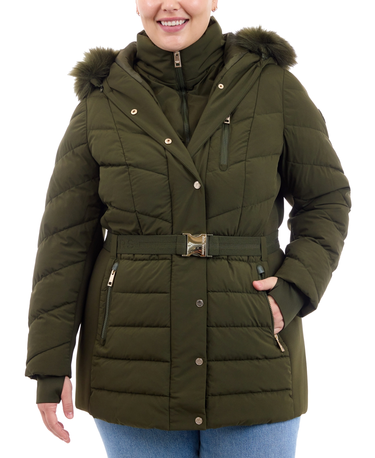 Michael Michael Kors Plus Size Belted Faux-Fur-Trim Hooded Puffer Coat