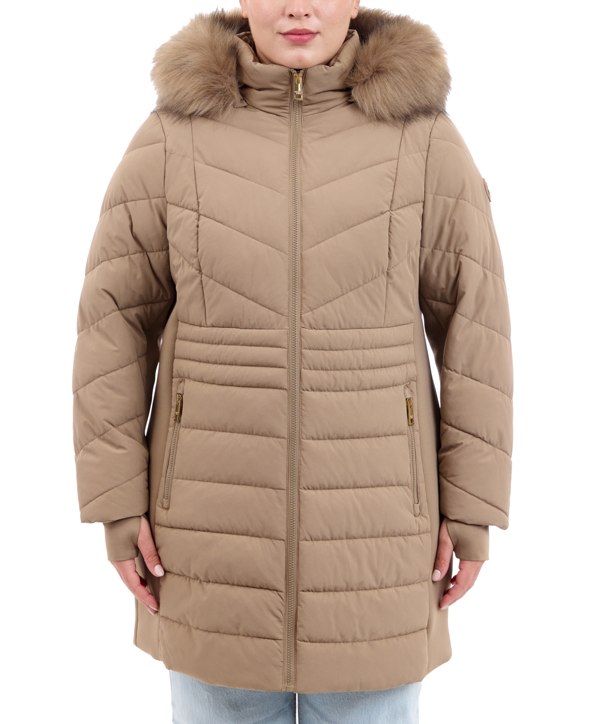 Michael Kors Michael  Plus Size Faux-fur-trim Hooded Puffer Coat, Created For Macy's In Taupe