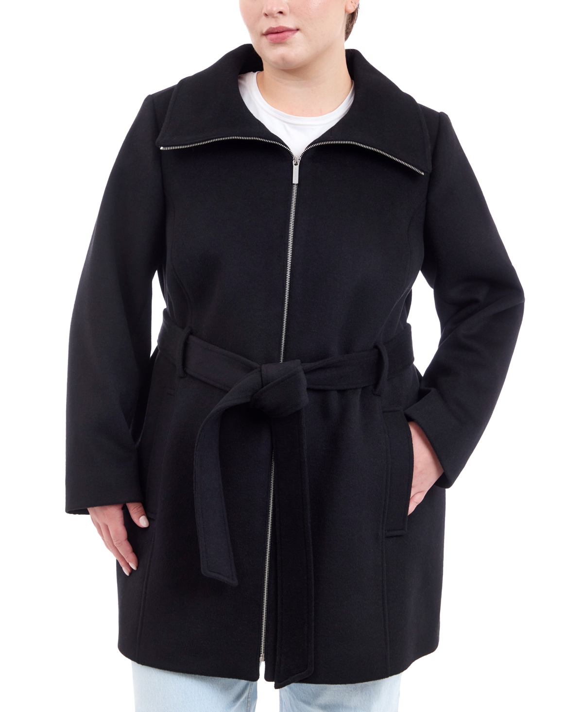 Michael Kors Michael  Plus Size Belted Zip-front Coat, Created For Macy's In Black