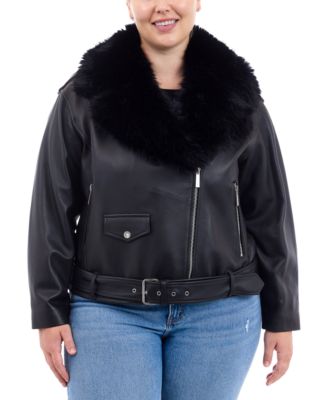 Plus size leather jacket with fur collar best sale