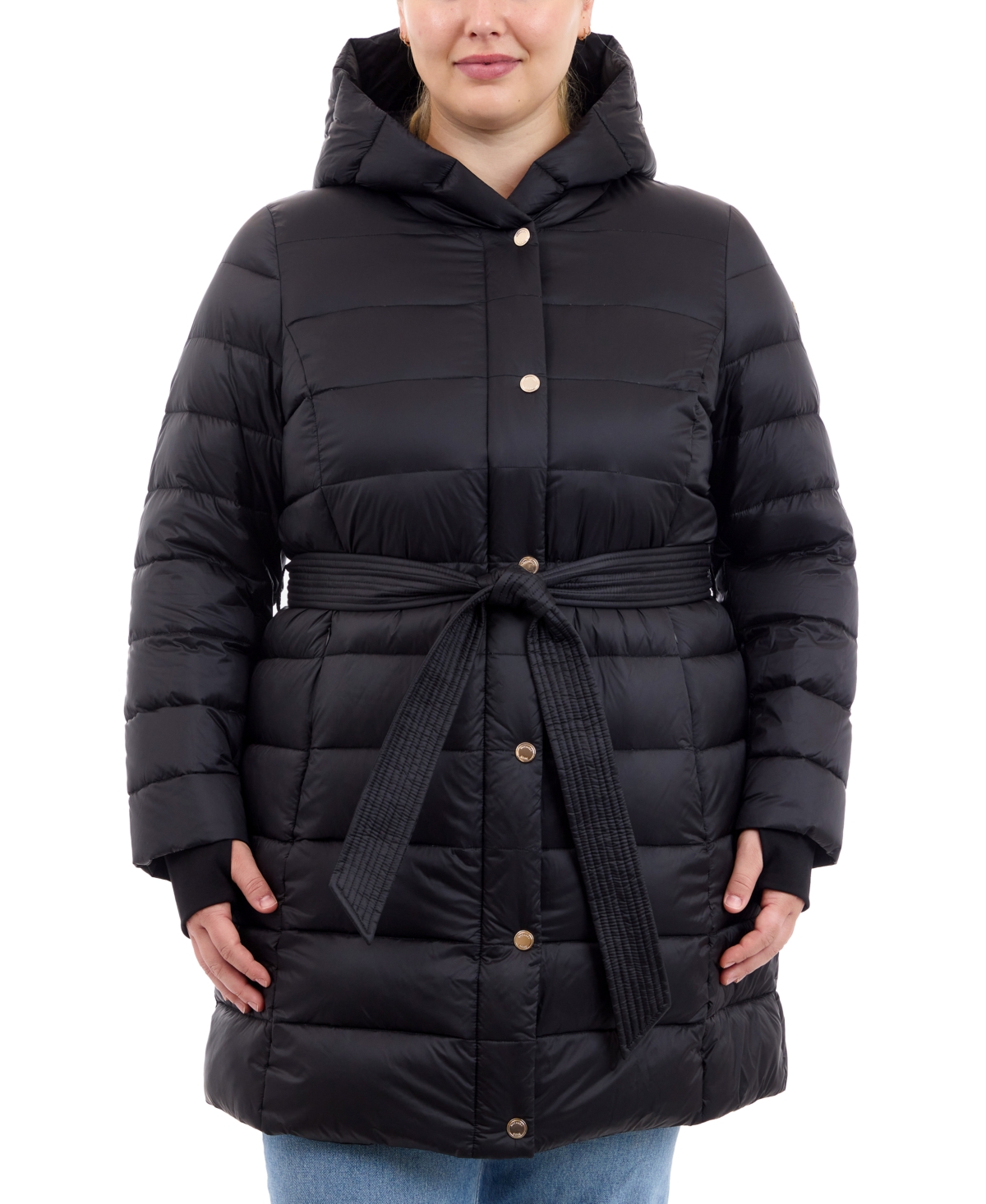 MICHAEL KORS MICHAEL MICHAEL KORS PLUS SIZE HOODED BELTED DOWN PUFFER COAT, CREATED FOR MACY'S 