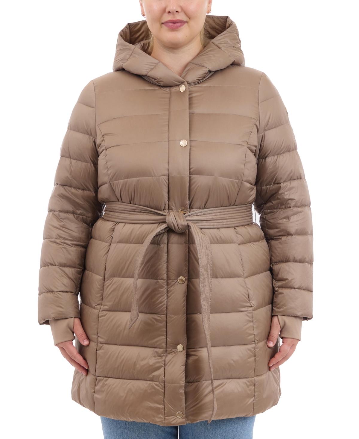 MICHAEL KORS MICHAEL MICHAEL KORS PLUS SIZE HOODED BELTED DOWN PUFFER COAT, CREATED FOR MACY'S 