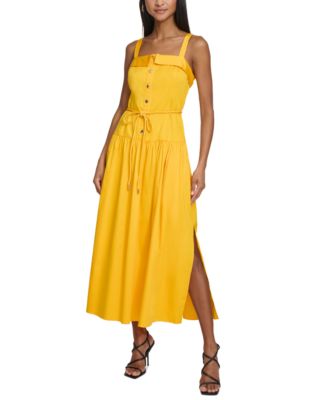 Nursing Button Front Square Collar Short-sleeve Yellow Dress