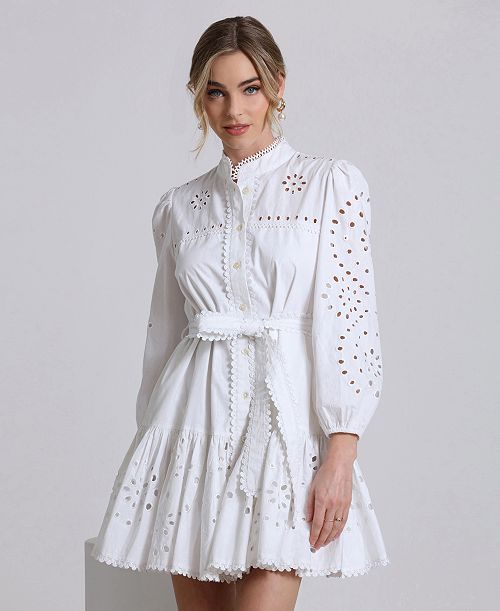 alfani Avec Les Filles Women's Eyelet Cotton Lined Shirt Dress Women's Fashion Shoes & Accessories