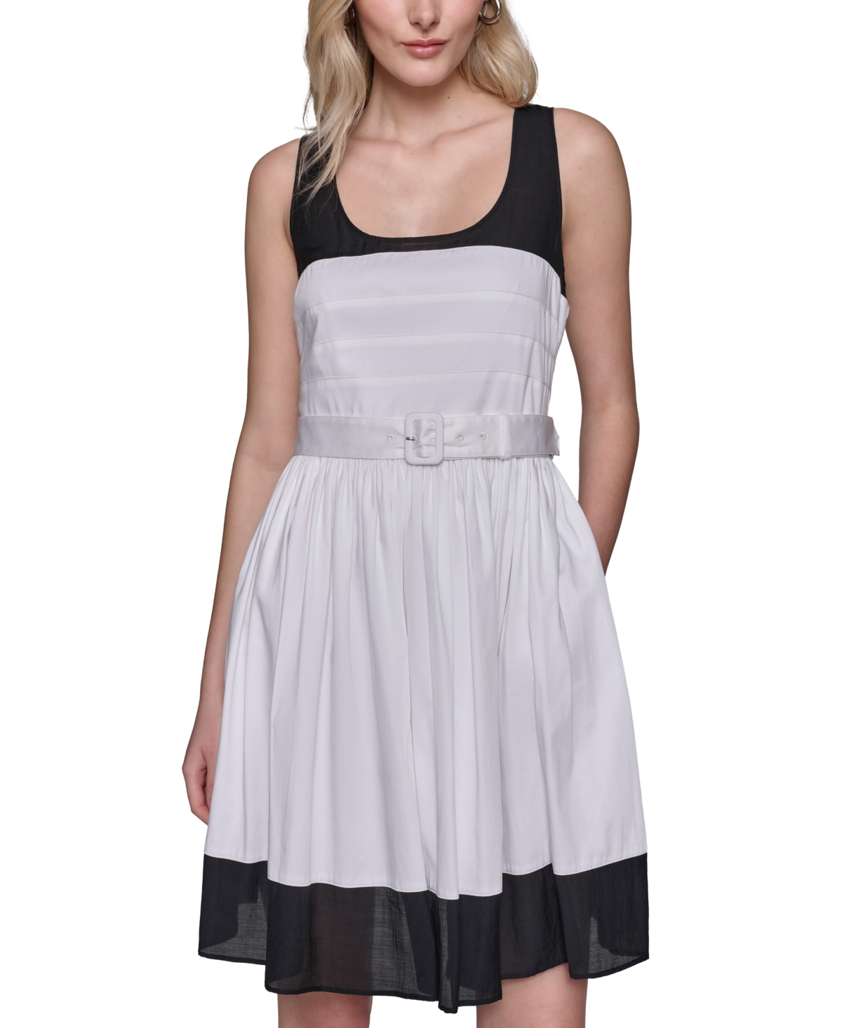 Shop Karl Lagerfeld Women's Square-neck Belted Dress In Sft Wt,blk