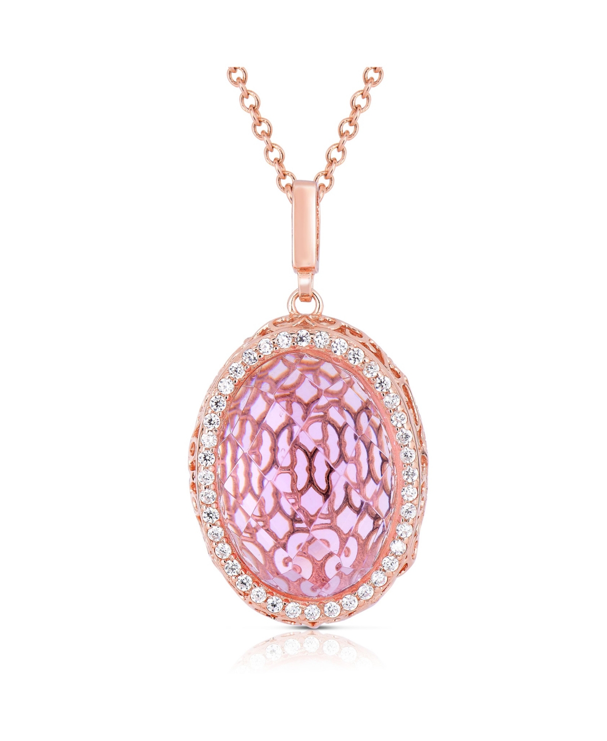 Sterling Silver 18K Rose Plated Cubic Zirconia Oval Pink Pendant - Pink