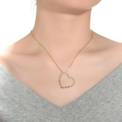 Sterling Silver with Round Cubic Zirconia Thin Open Heart Frame Necklace