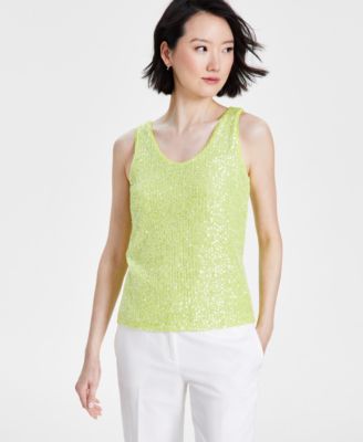 Anne Klein - Petite Sequined-Mesh Sleeveless Top