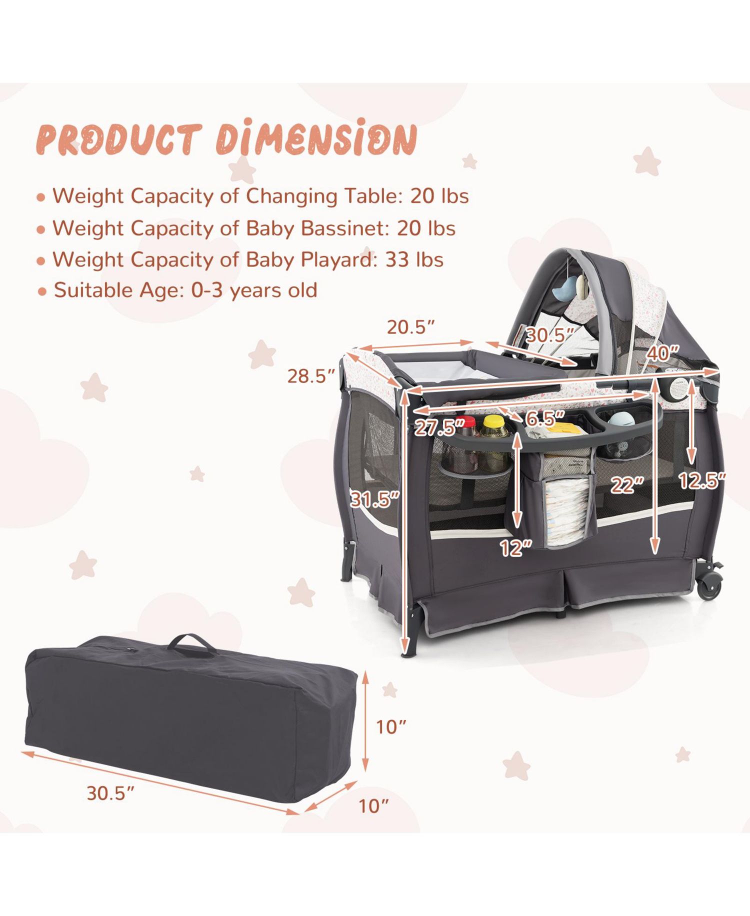Kids 4 in 1 Portable Pack and Play Nursery Center with Bassinet