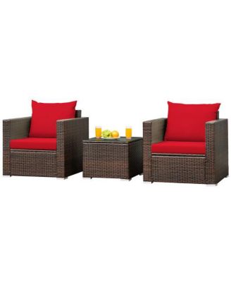 3 Pcs Patio Conversation Rattan Furniture Set with Cushion